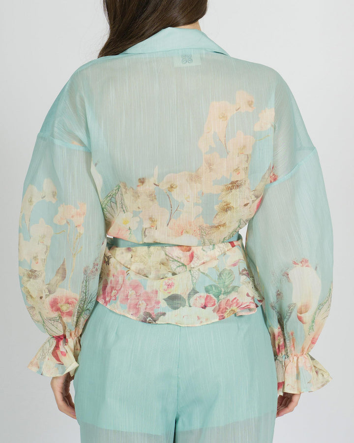 Giacca amosa azzurra modello kimono con fusciacca 