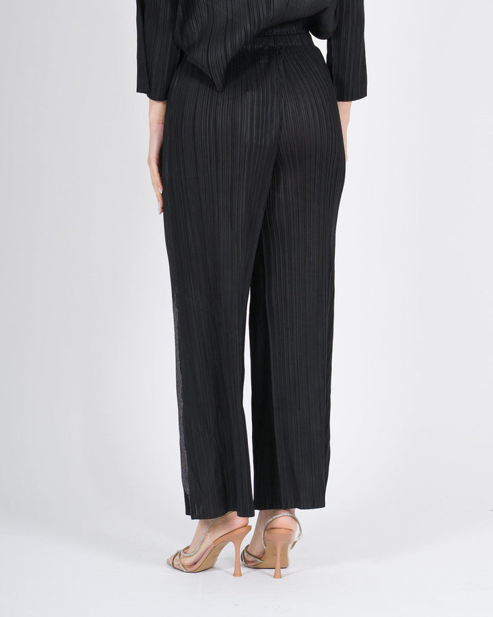 Pantaloni Neri Plissé con Geometrie in Lurex 