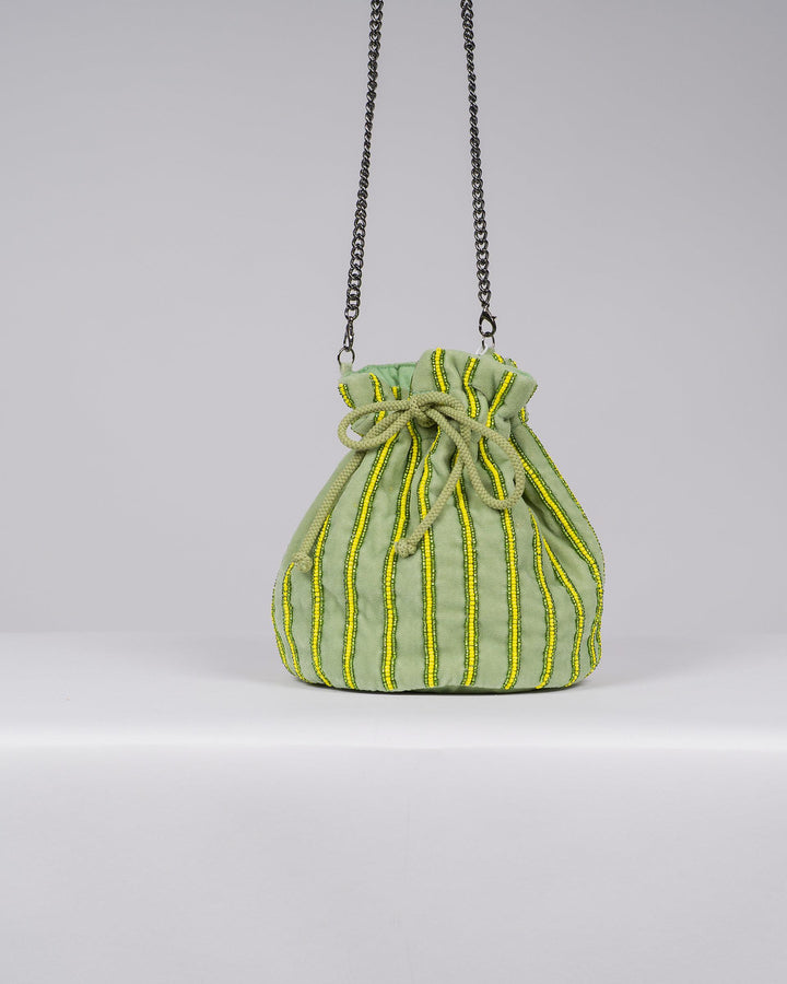 Borsa Secchiello Verde Surkana con Catena e Righe Gialle 