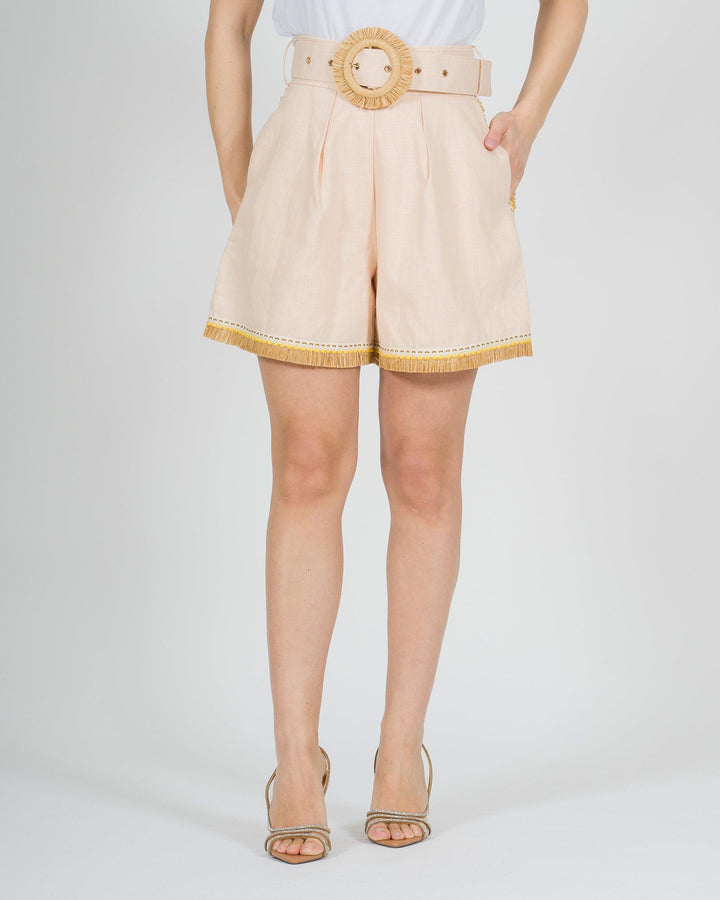 Short rosa in lino Amosa  con cintura e nappine di paglia 
