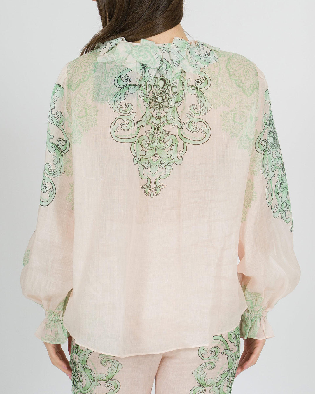 Camicia amosa rosa in lino con stampa verde effetto dipinto 