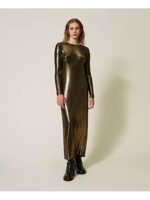 Abito lungo laminato con drappeggio oro 