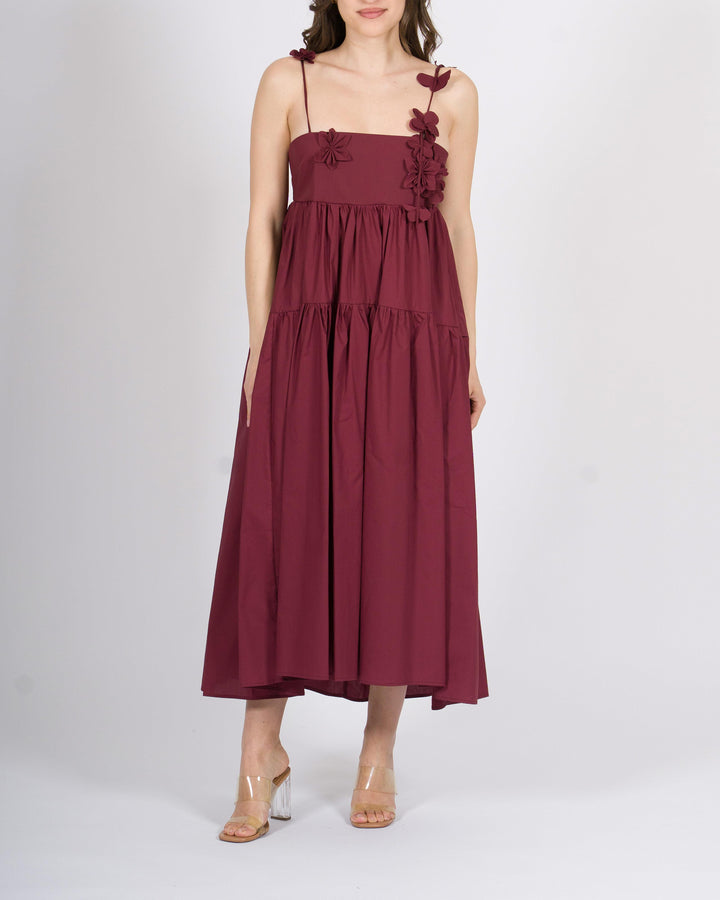 Abito Meimeij bordeaux  100% cotone con applicazioni floreali 
