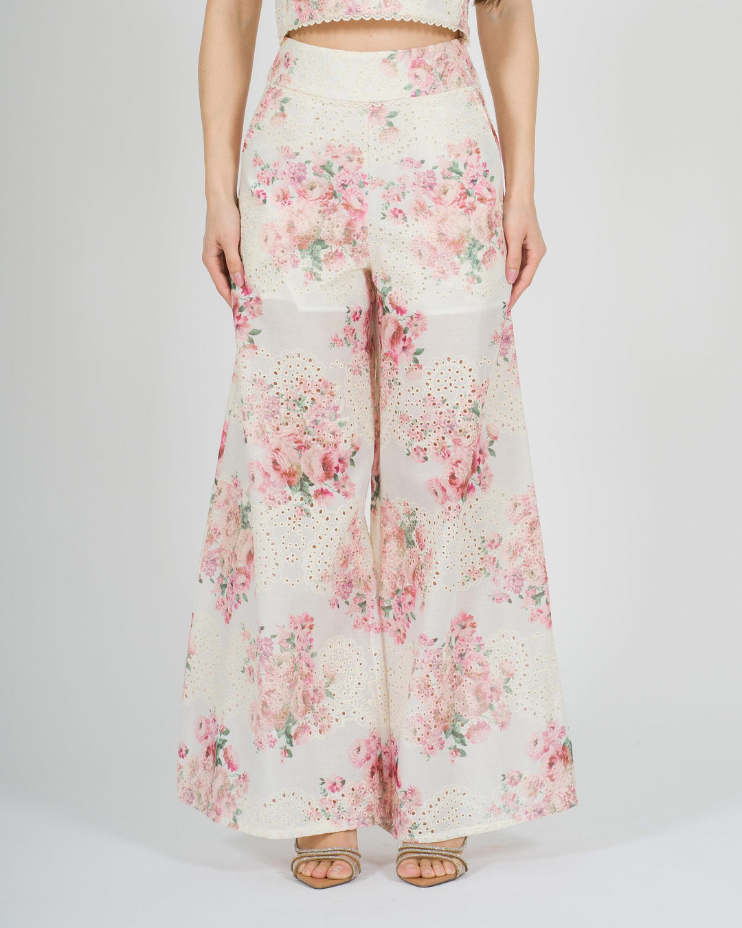 Pantalone amosa bianco con stampa floreale rosa 