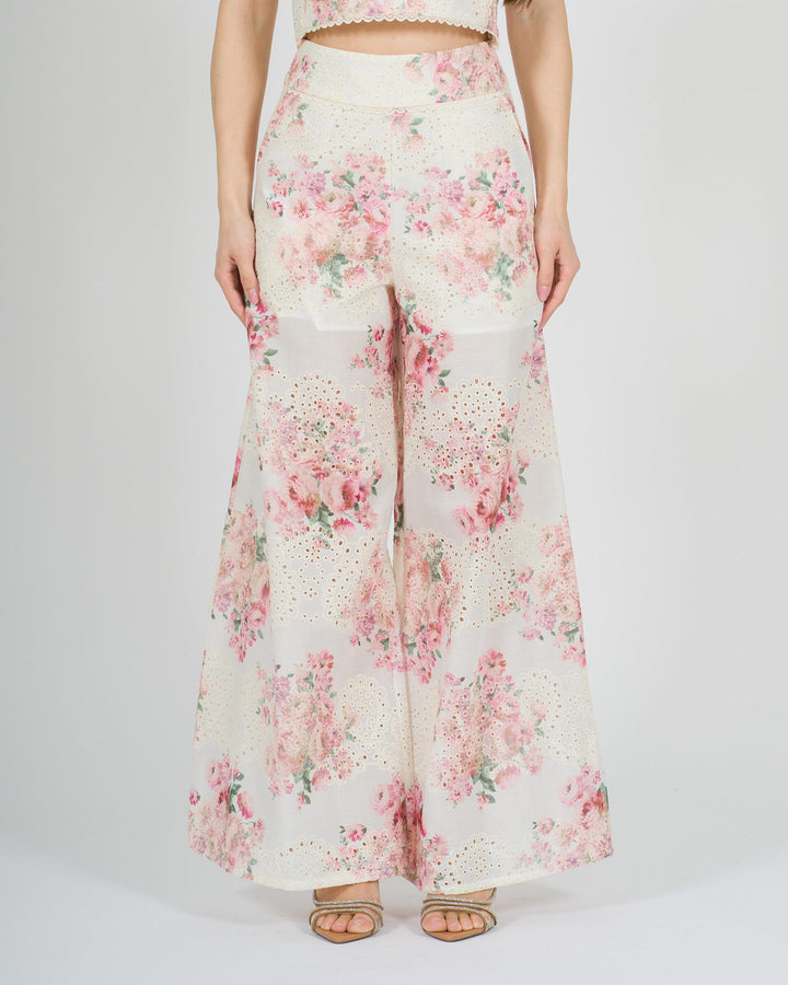 Pantalone amosa bianco con stampa floreale rosa 