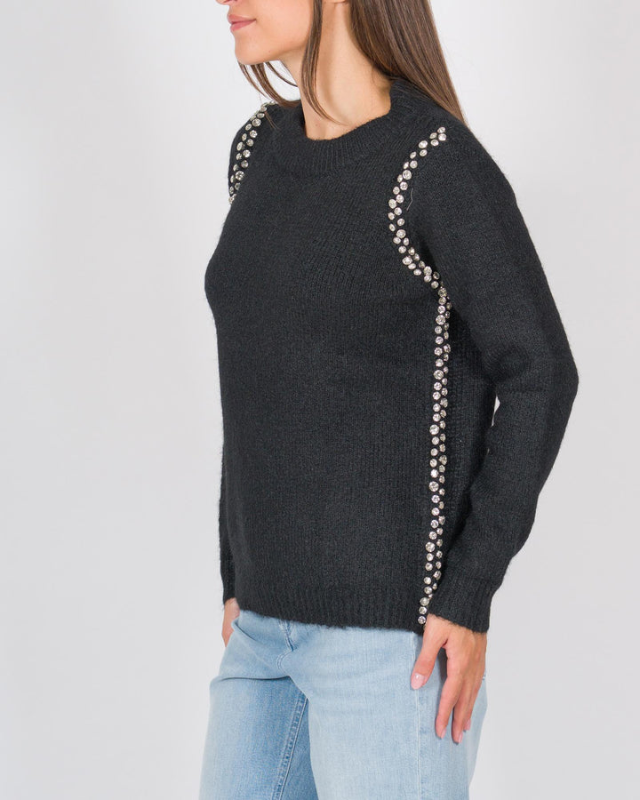 Maglia girocollo con applicazioni cabochon nero 
