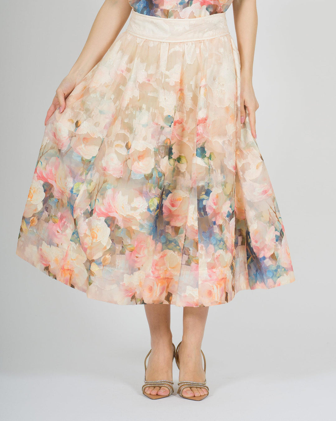 Gonna ampia amosa panna a fiori 