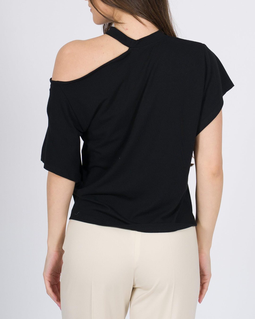 T-shirt nero Silence monospalla con foro 