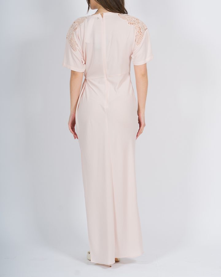 Abito lungo in twill con ricamo rosa<BR/> 