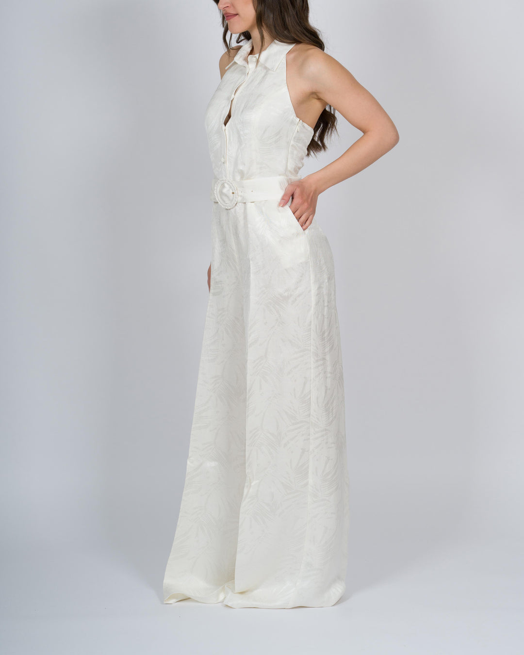 Tuta lunga in raso jacquard bianca 