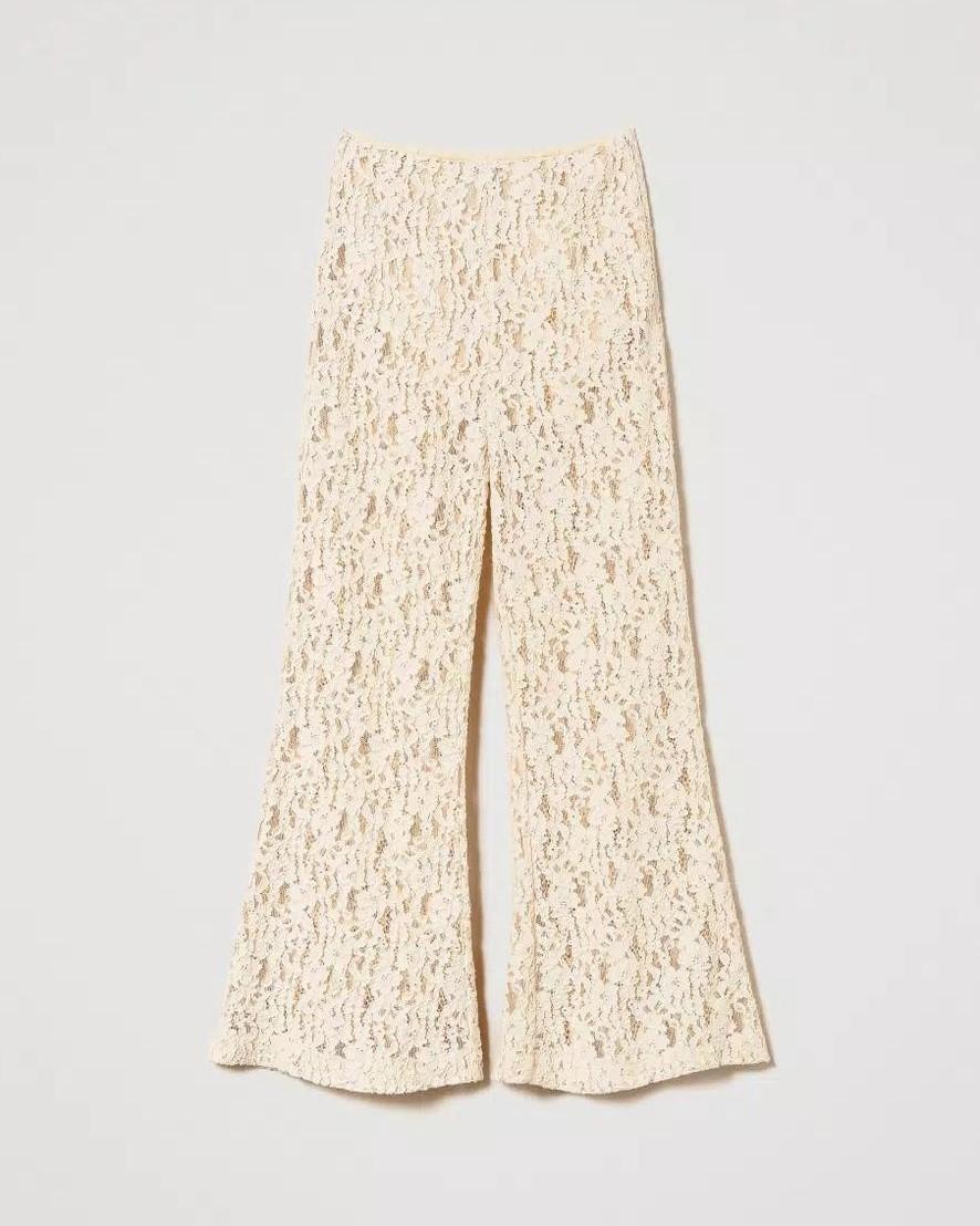 Pantaloni pizzo macramè panna<BR/> 