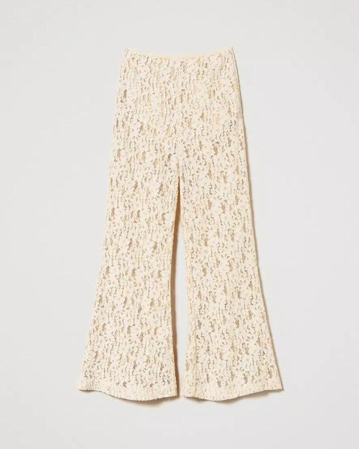 Pantaloni pizzo macramè panna<BR/> 