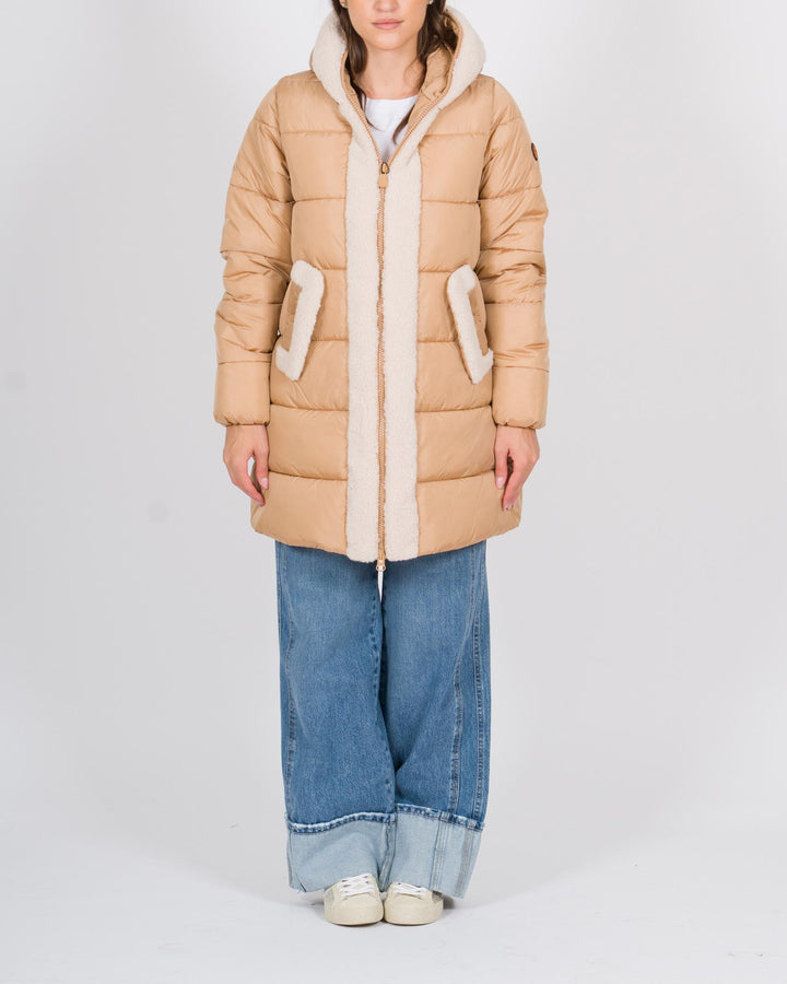 Piumino lungo con pelliccia beige 