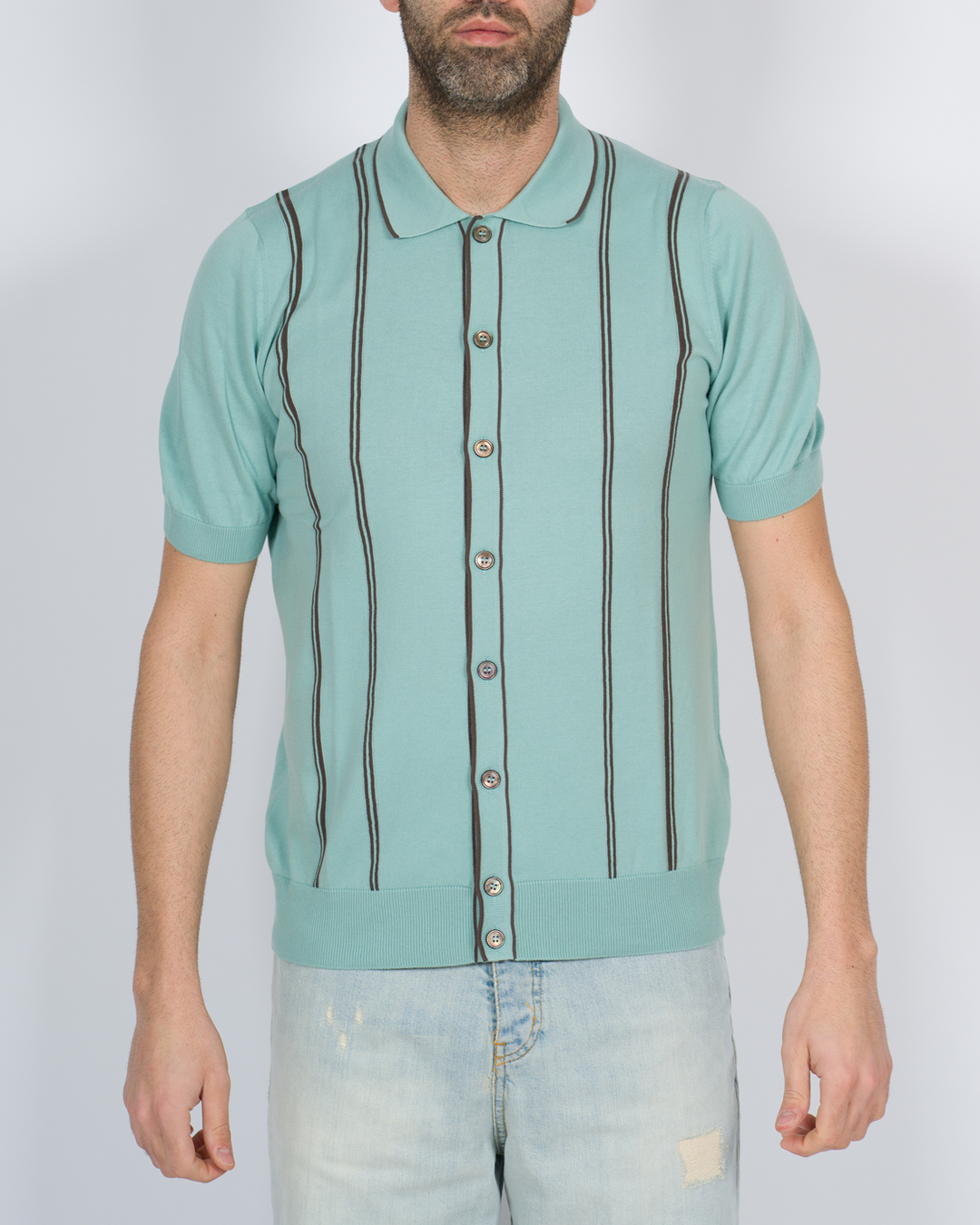 Polo cardigan rigata verde acqua 