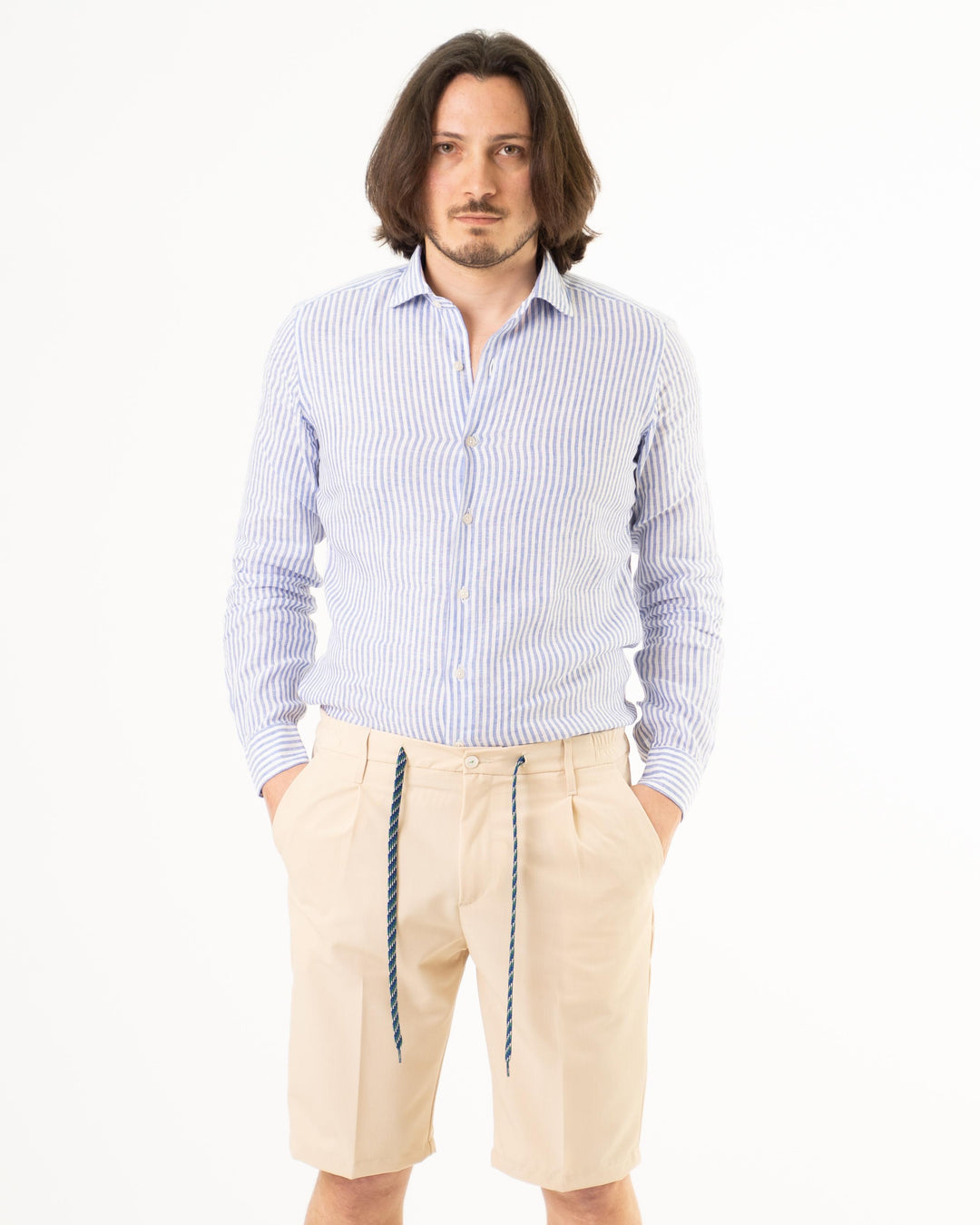 Camicia Lino Rigata azzurra 