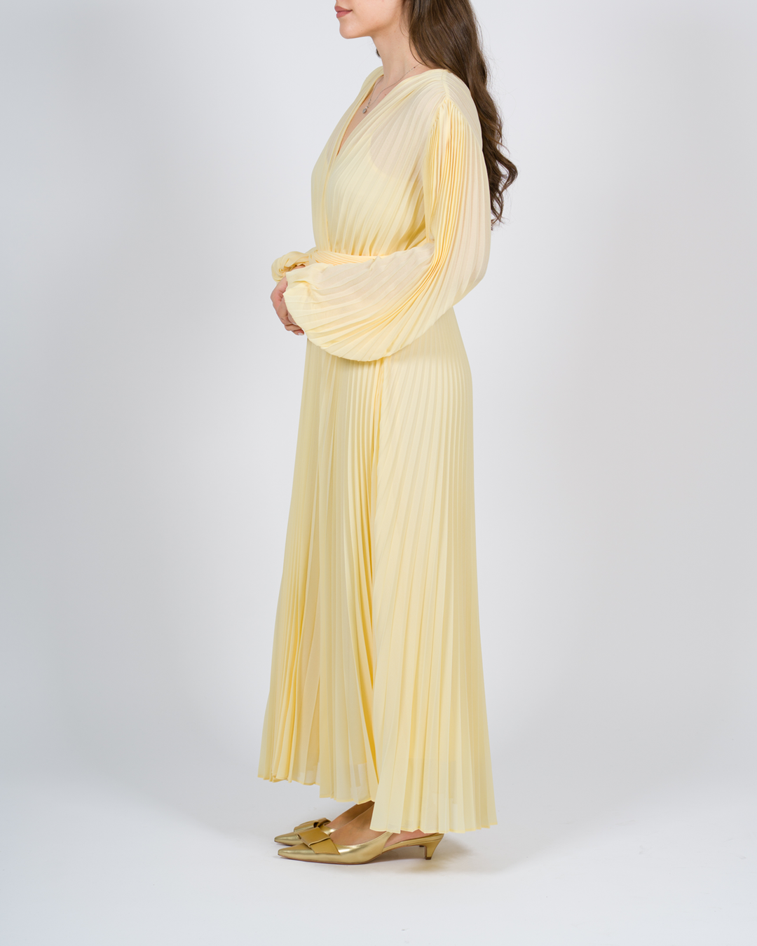 Abito lungo in georgette plissé giallo<BR/> 