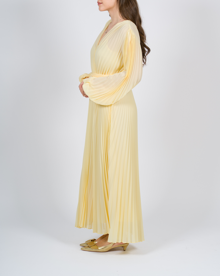 Abito lungo in georgette plissé giallo<BR/> 