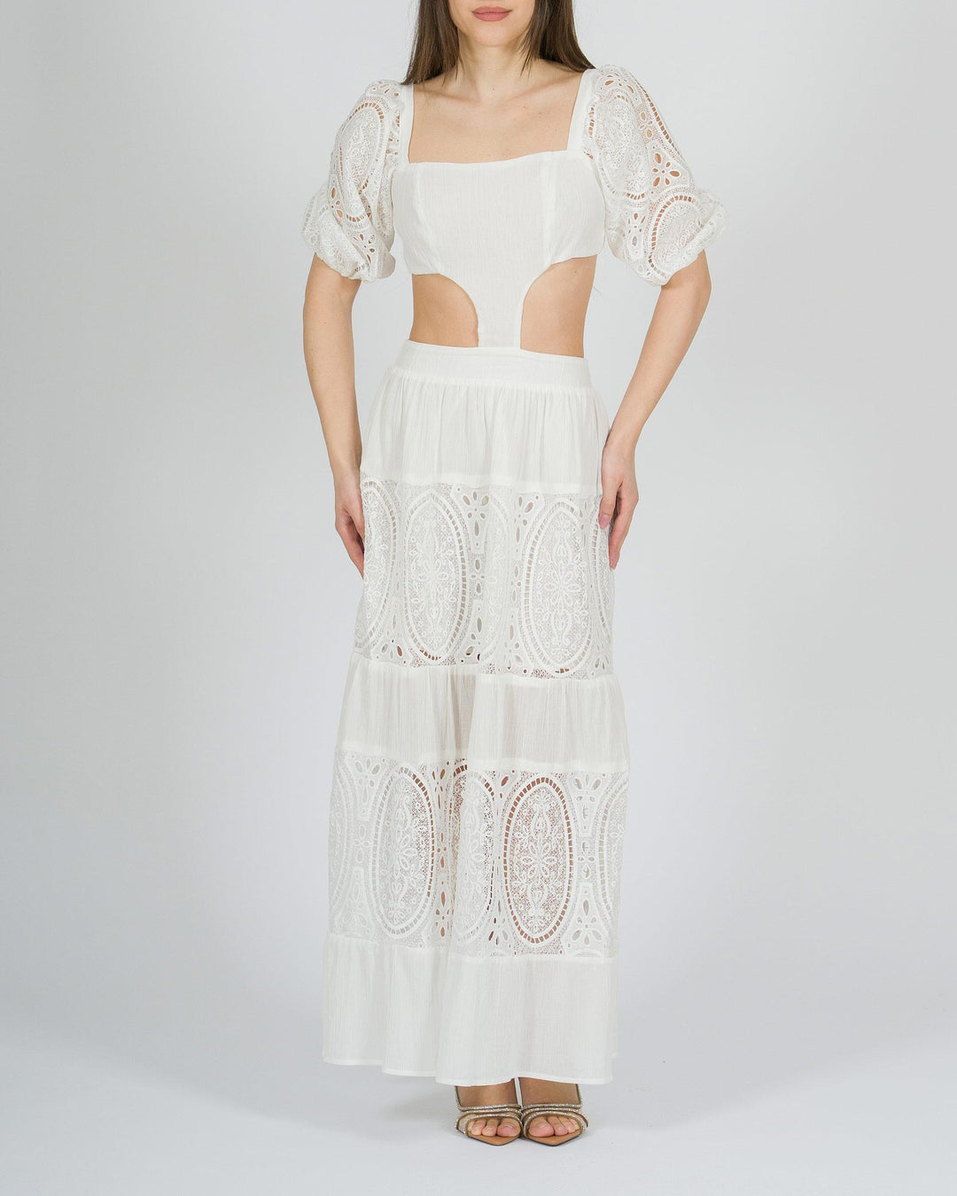 Abito Bianco in Cotone con Ricami 