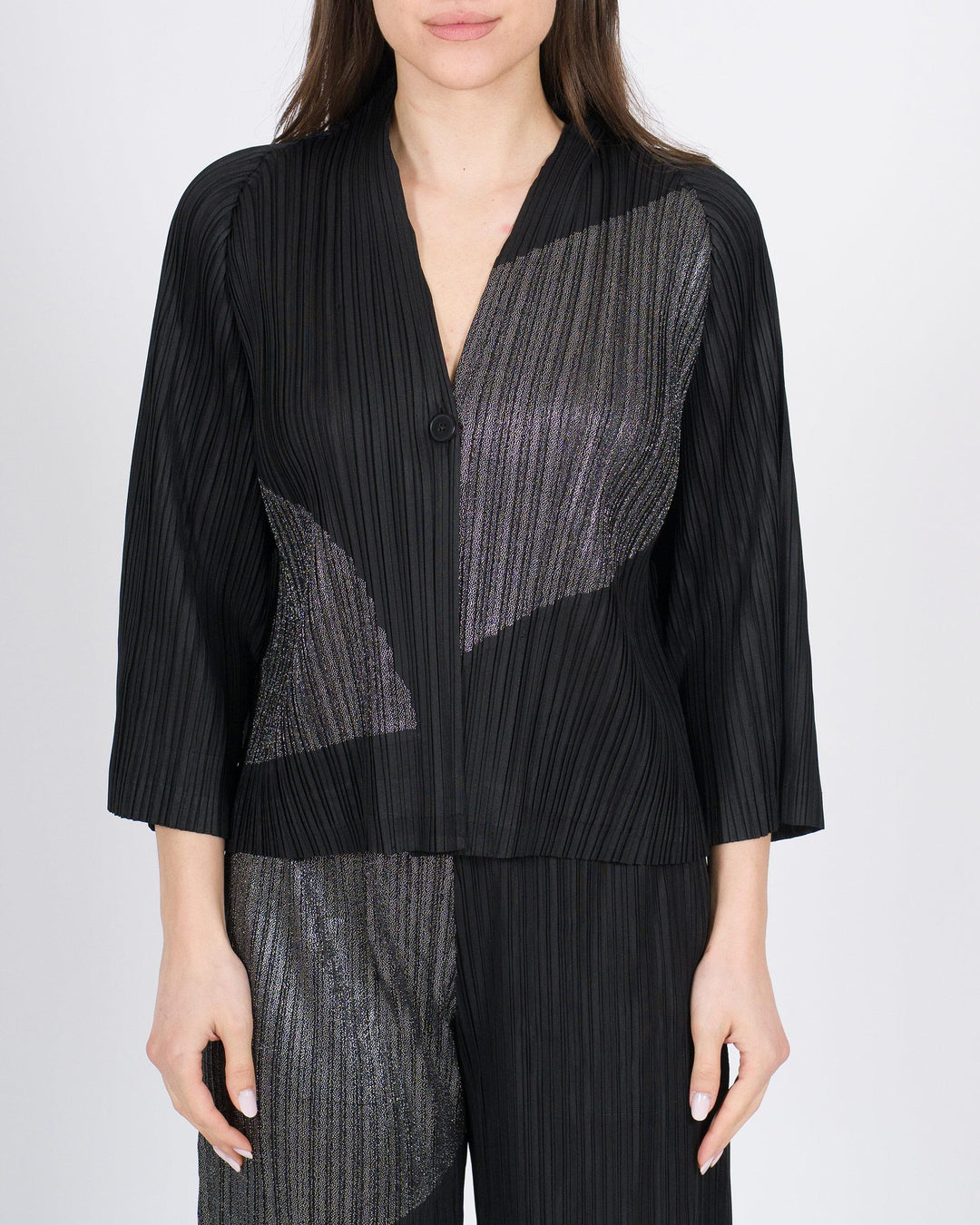 Giacca Nera Plissé Meimeij con Geometrie in Lurex 