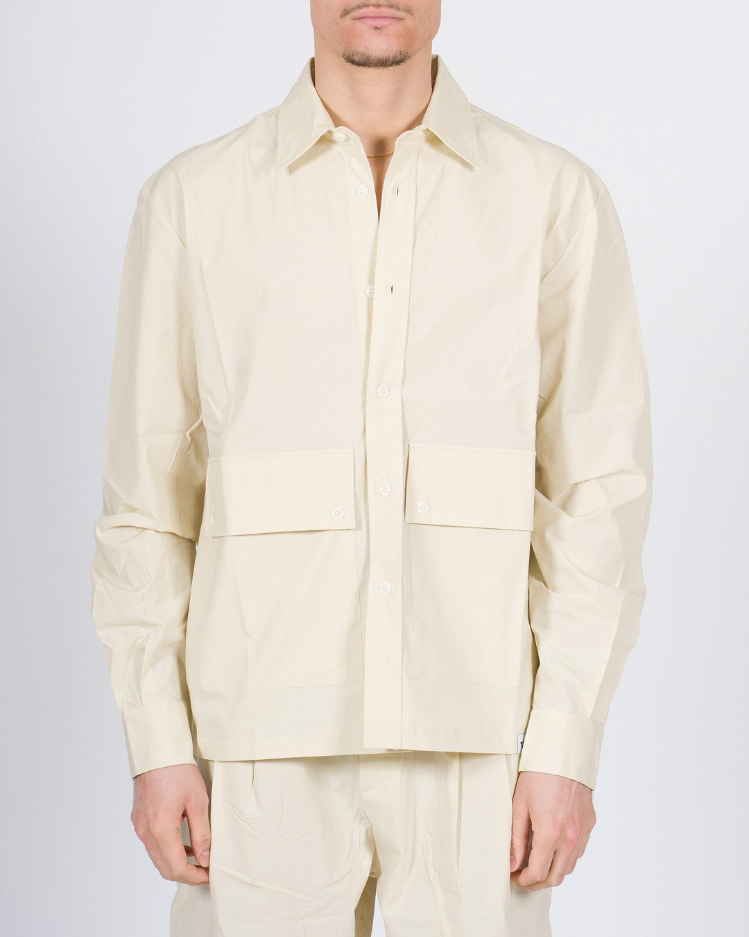 Camicia manica lunga in cotone parastretch beige con tasconi 