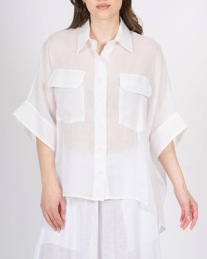 Camicia Over in Lino Meimei bianca con Tasconi Frontali 