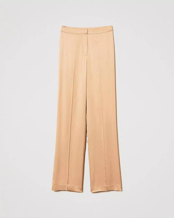 Pantaloni straight leg in raso ocra<BR/> 