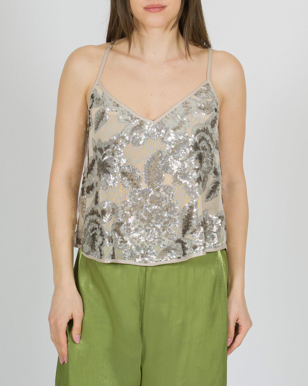 Canotta Beige con Ricamo di Paillettes a Rose 