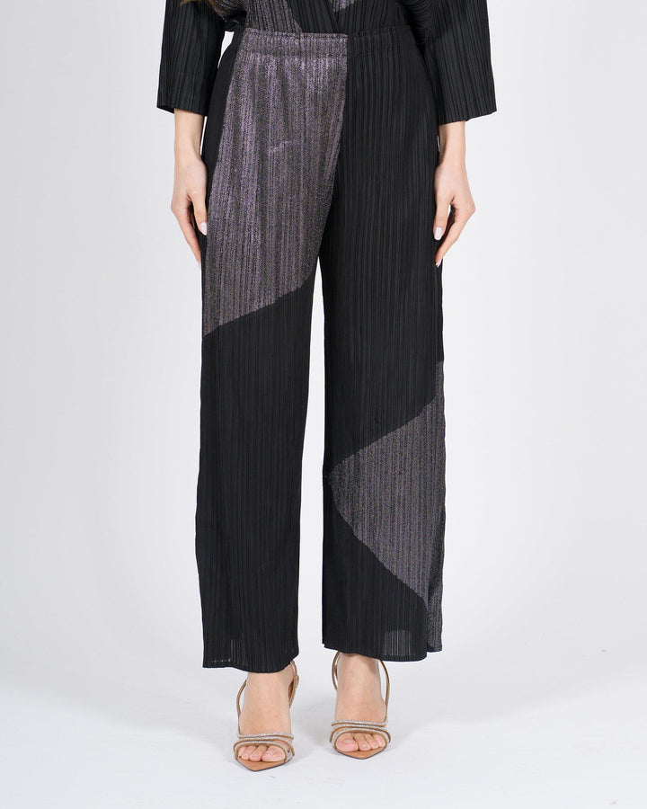 Pantaloni Neri Plissé con Geometrie in Lurex 