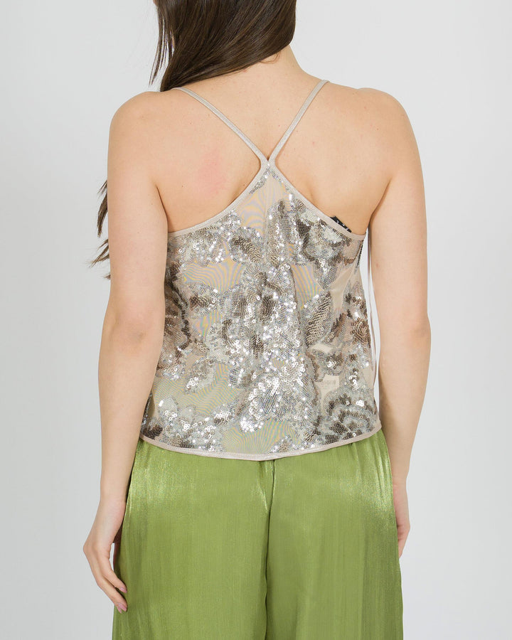 Canotta Beige con Ricamo di Paillettes a Rose 