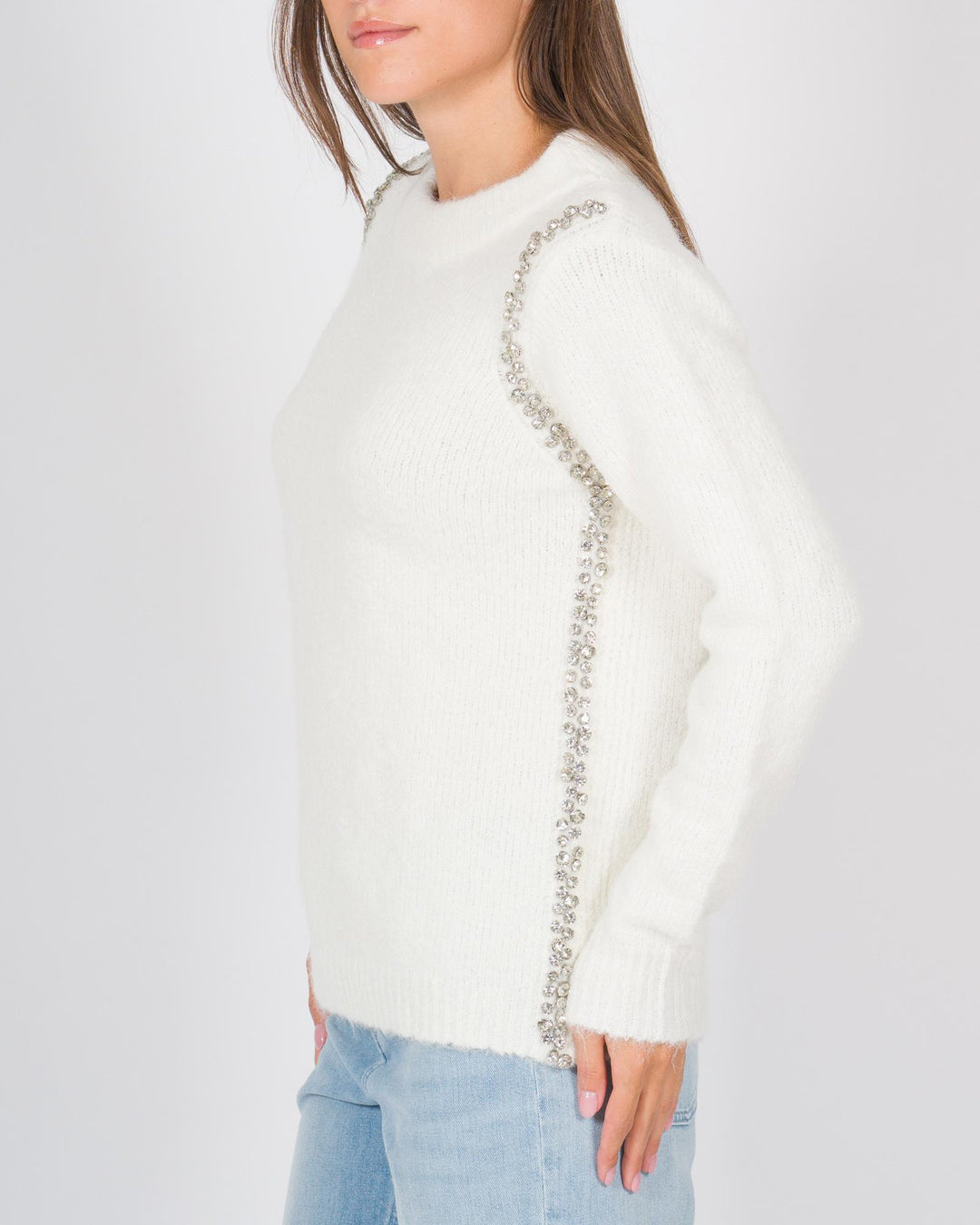 Maglia girocollo con applicazioni cabochon bianco 