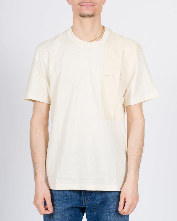 T-shirt mezza manica in cotone beige con inserto in lino 