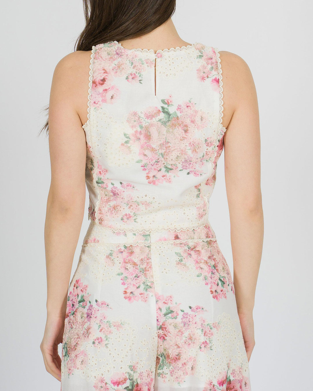 Top bianco Amosa in pizzo San Gallo con stampa floreale 