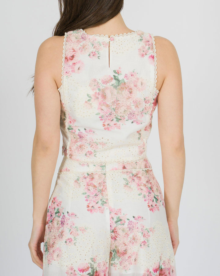 Top bianco Amosa in pizzo San Gallo con stampa floreale 