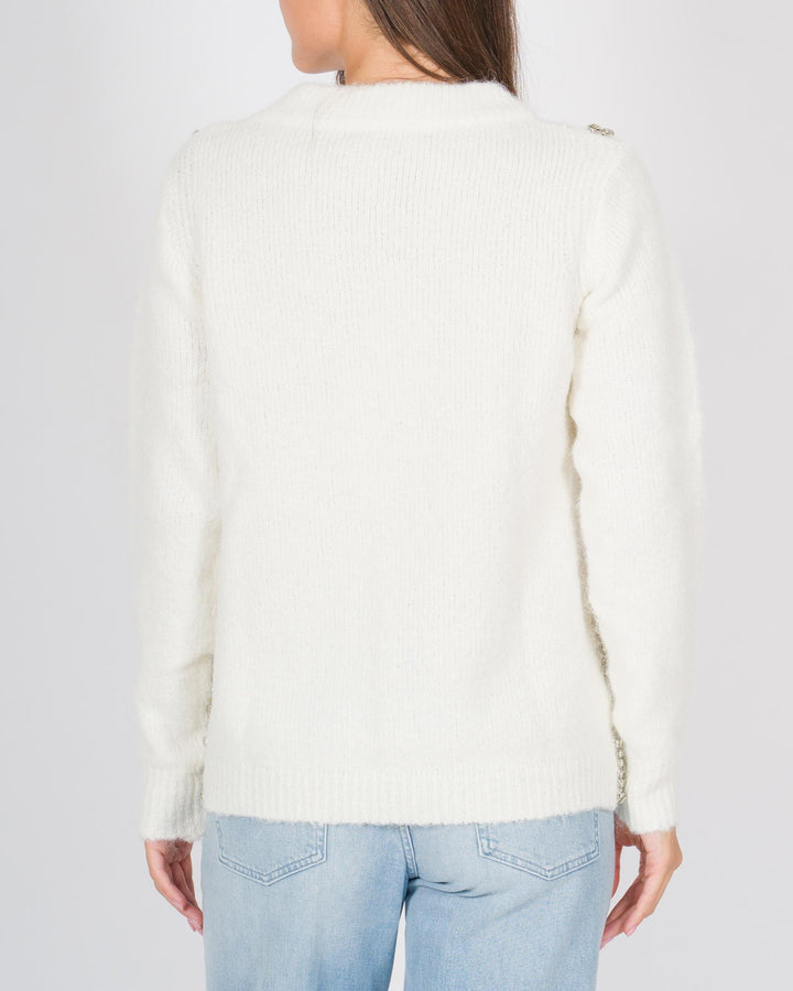 Maglia girocollo con applicazioni cabochon bianco 