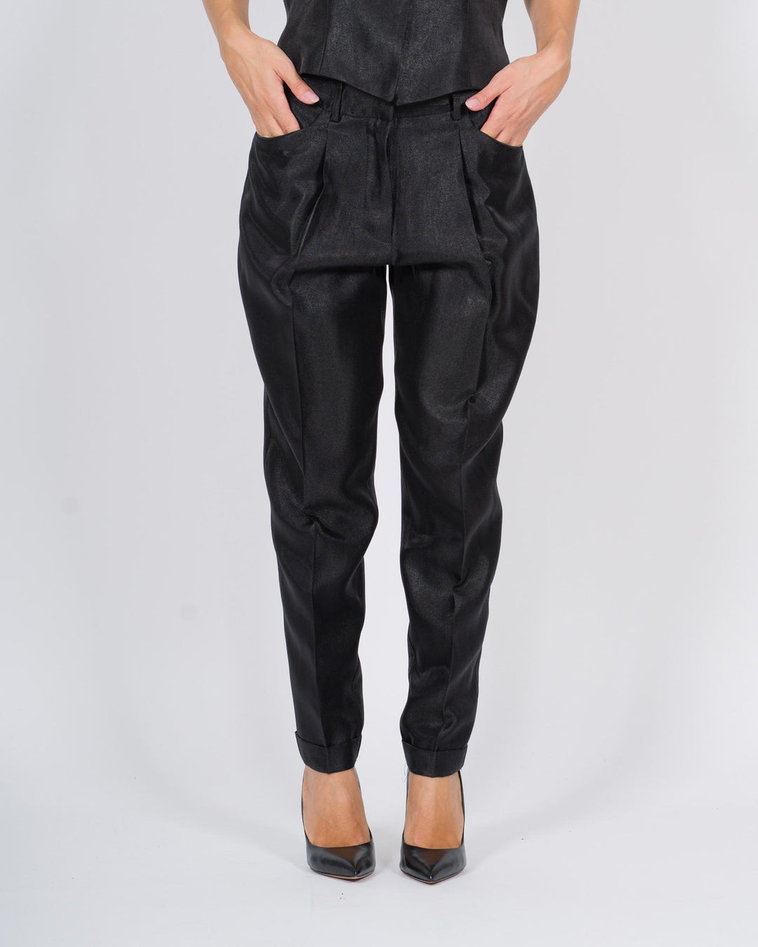 Pantaloni a vita alta con pinces ed effetto scintillante nero 