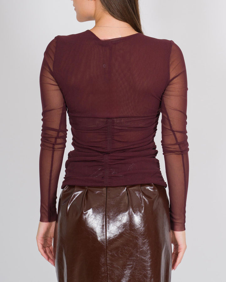 T-shirt in chiffon trasparente con scollo arricciato bordeaux 