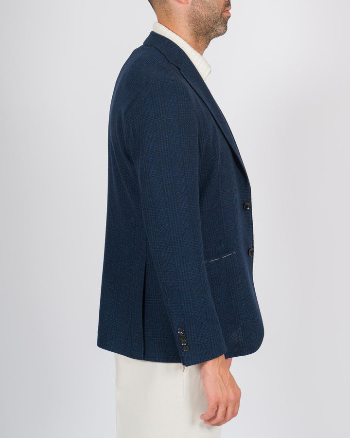 Giacca monopetto in jersey elastico a quadri blu 