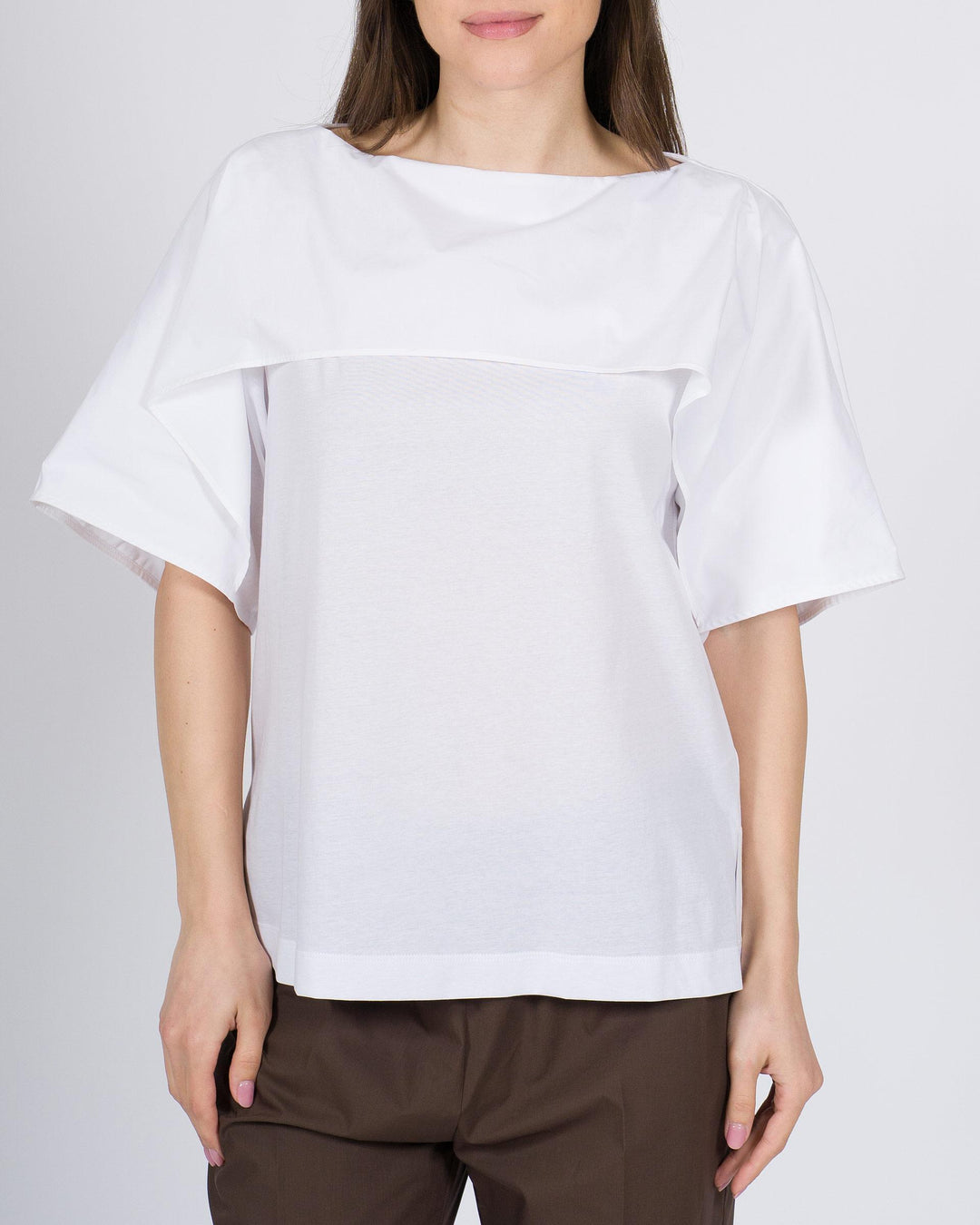 T-shirt Meimeij bianca in cotone con maniche e collo in popeline 