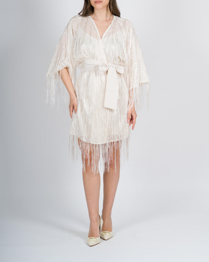 <BR/>Abito-kimono con frange panna 
