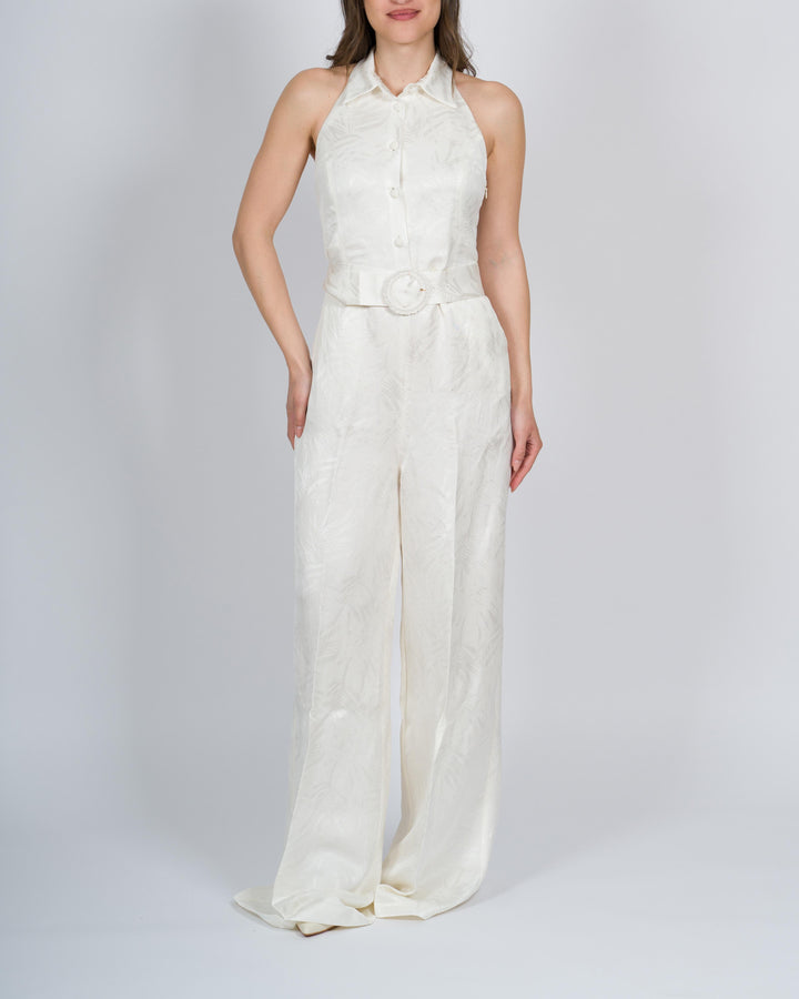 Tuta lunga in raso jacquard bianca 